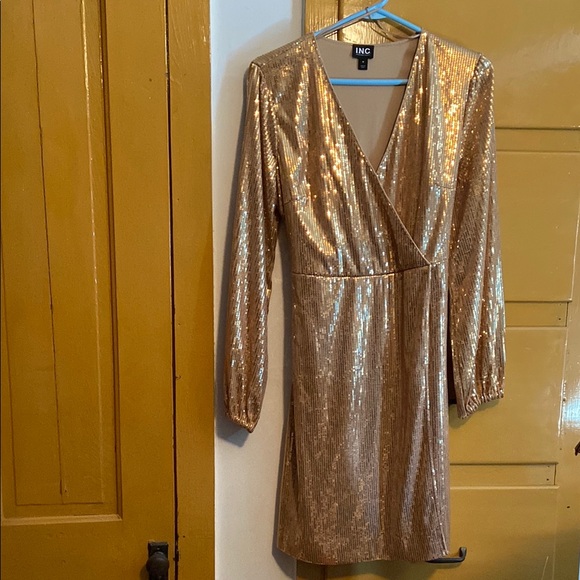 INC International from Macy’s Gold Sequin faux Wrap Dress sequins shiny sparkly - Picture 1 of 1